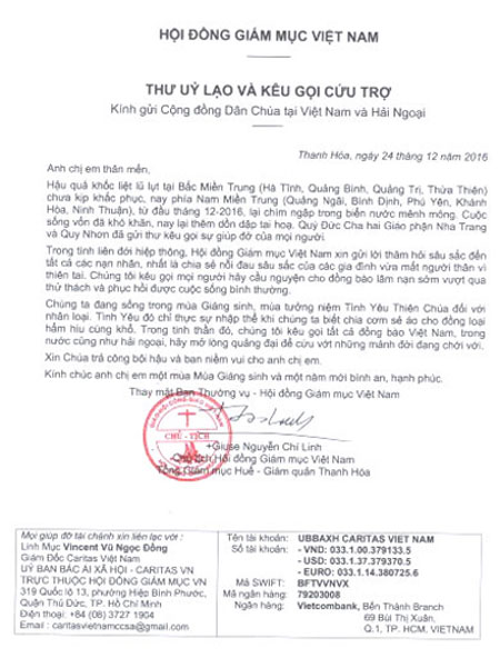 Thư của Hội Đồng Giám Mục Việt Nam ủy lạo và kêu gọi cứu trợ các nạn nhân lũ lụt Miền Trung