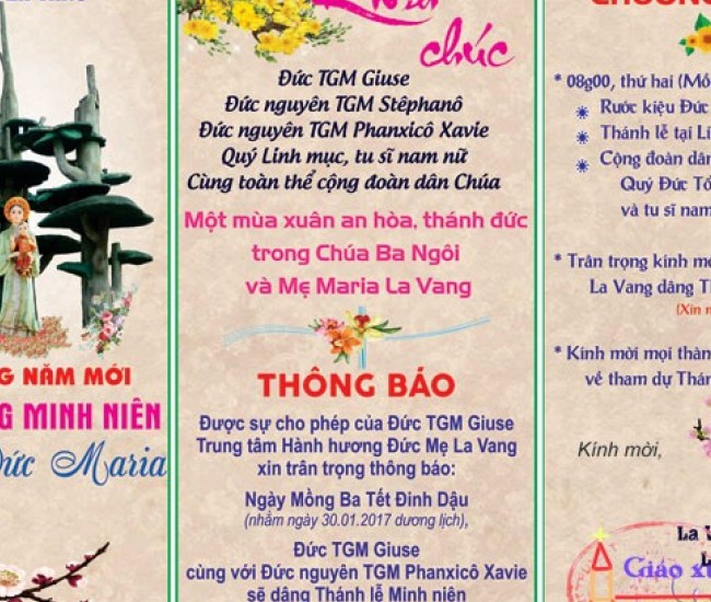 Thông báo về Ngày Hành Hương Mồng Ba Tết Đinh Dậu 2017 tại La Vang