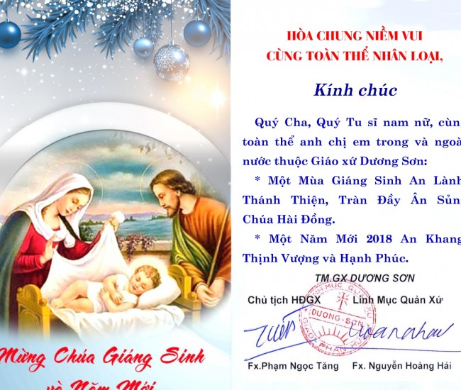 Thiệp mừng Giáng sinh của LM Quản Xứ và CT HĐGX Dương Sơn.