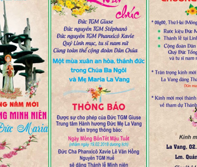 Thông báo về Ngày Hành Hương Mồng Bốn Tết Mậu Tuất 2018 tại La Vang