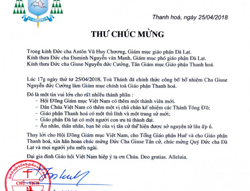 Thư Chúc Mừng Đức Tân Giám Mục Thanh Hóa của Đức TGM Giuse Nguyễn Chí Linh, Chủ tịch HĐGM Việt Nam