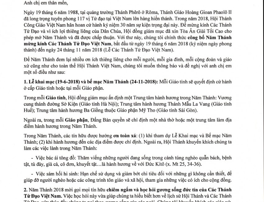 Thư công bố Năm Thánh tôn vinh Các Thánh Tử Đạo Việt Nam