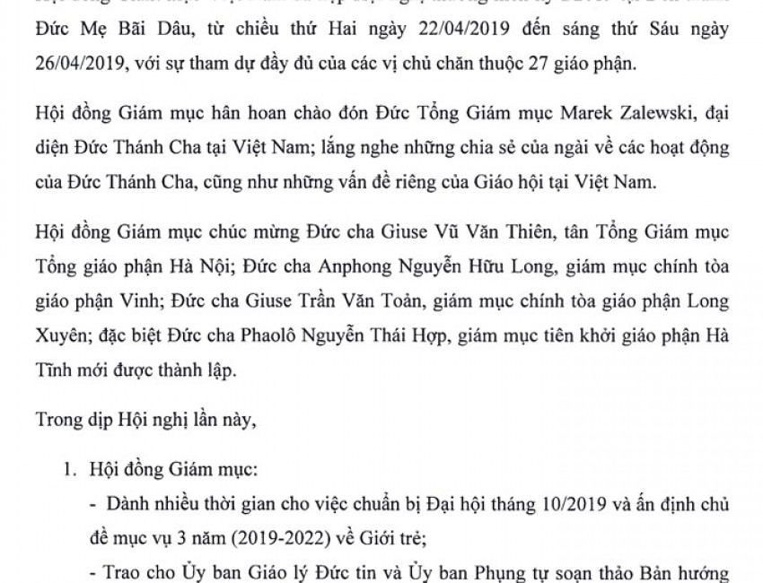 Biên bản Hội nghị thường niên kỳ I/2019 của HĐGM Việt Nam