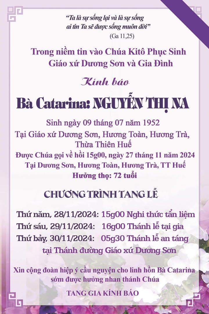 AI TÍN  - Xin cộng đoàn hiệp ý cầu cho linh hồn Bà Catarina sớm được hưởng Nhan Thánh Chúa