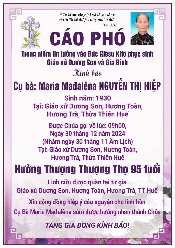 Ai tín - Xin cộng đoàn hiệp ý cầu cho linh hồn Cụ Bà Maria Madalena vừa mới qua đời.