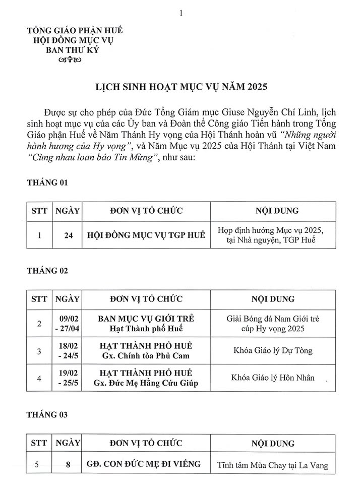 Lịch sinh hoạt mục vụ năm 2025 của Tổng Giáo phận Huế