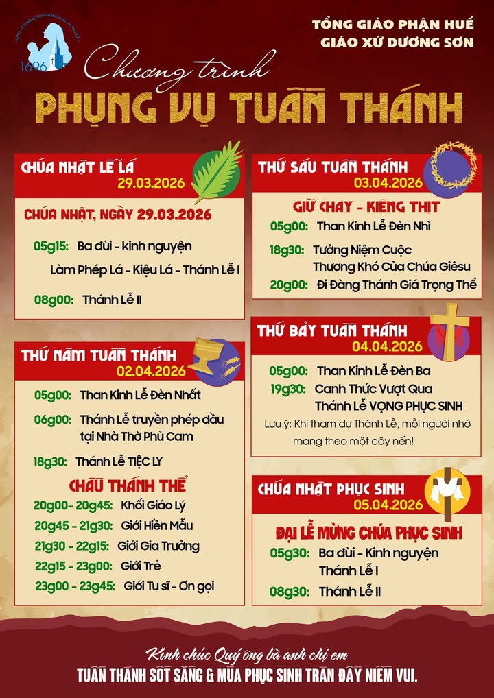 CHƯƠNG TRÌNH PHỤNG VỤ TUẦN THÁNH 2026